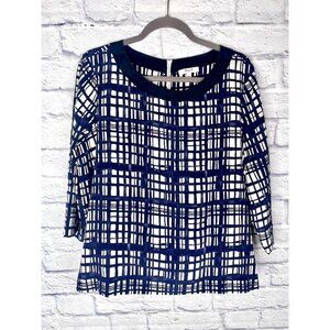 MADEWELL Women's Blue Geometric Mulberry Silk 3/4 Sleeve Blouse Large